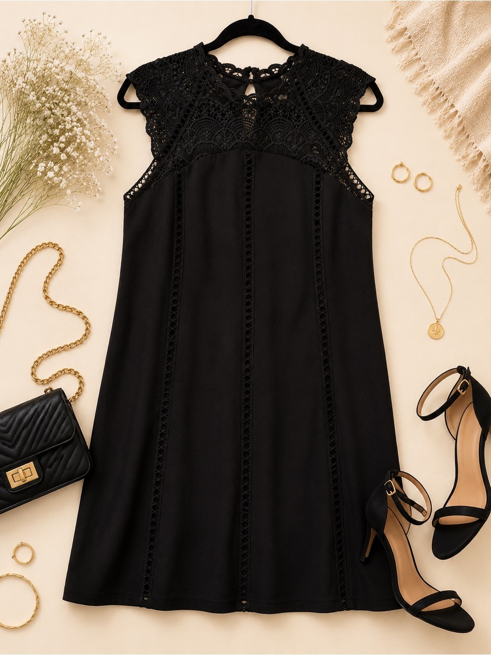 Francesca’s Miami Black Lace Shift Dressw Medium | Crochet Lace Yoke Cocktail
